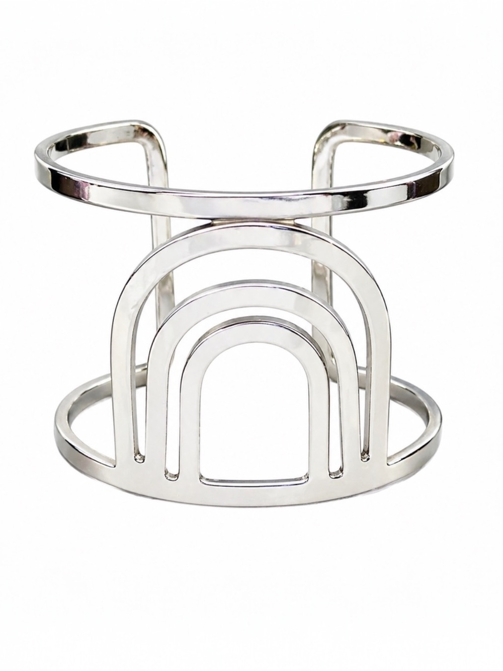 BANSRI Silver Tone Sculptural Cuff Bracelet Adjustable Modern Geometric Piece